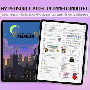 May include: A digital planner app on an iPad with a pixelated city skyline background. The app includes sections for time blocking, daily updates, meal logs, and self-care tracking. The text "My Personal Pixel Planner Undated" is at the top of the screen.