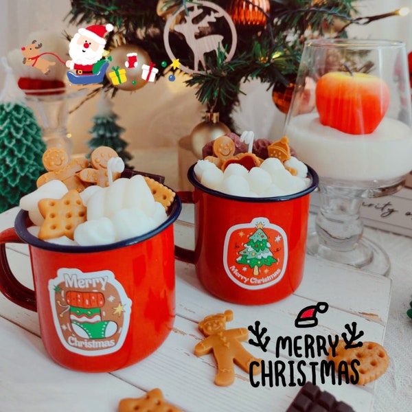 Bougie rouge de tasse de joyeux Noël, décorations de Noël, bougie de guimauve, cadeau de Noël, bougie de bougie de coton, bougie de bonhomme de pain d’épice