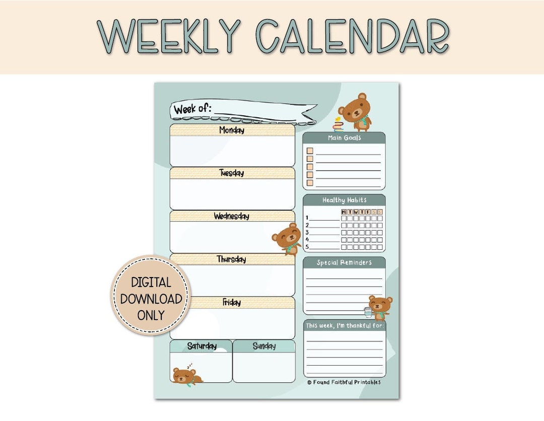 Kawaii Bear Printable Weekly Calendar Non-editable PDF and PNG, Digital ...
