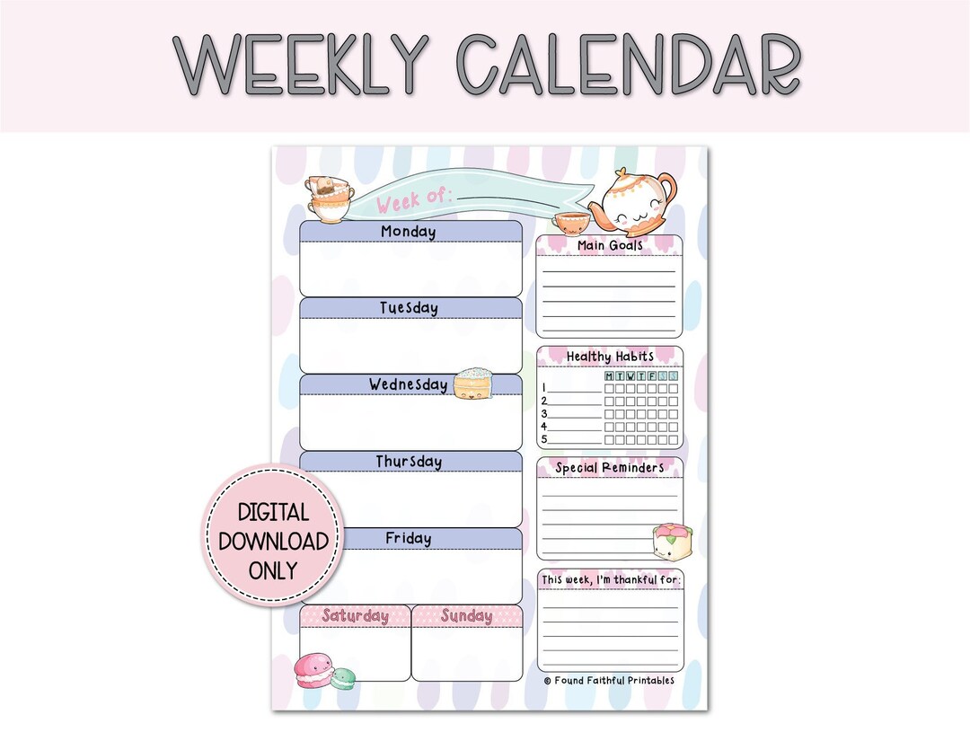 Cute Tea Party Printable Weekly Calendar Non editable PDF and PNG