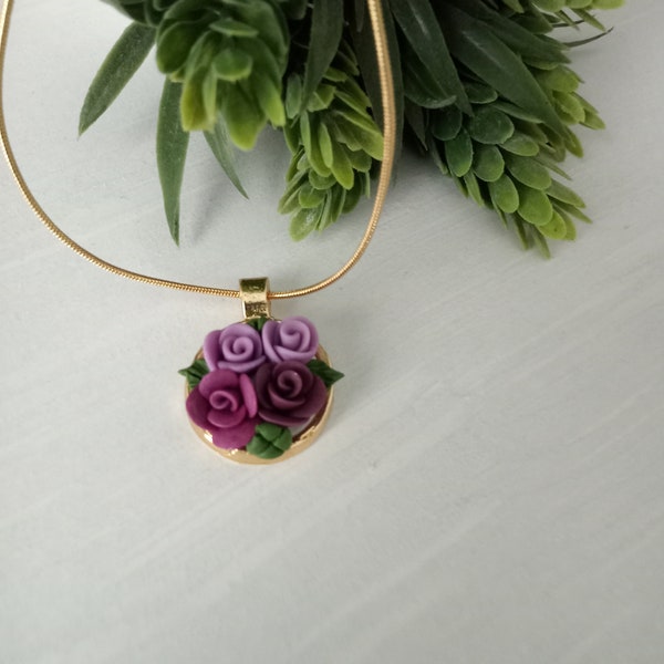 purple roses necklace with polymerclay, polymerclay necklace