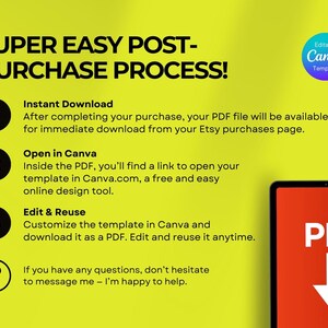 Może przedstawiać: Ż&oacute;łta grafika z tekstem "SUPER EASY POST-PURCHASE PROCESS!". Wyjaśnia, jak pobrać i edytować szablon PDF w Canva. Czerwona ikona PDF znajduje się po prawej stronie. Niebieskie koło m&oacute;wi "Editable Canva Template".
