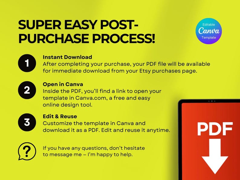 Może przedstawiać: Ż&oacute;łta grafika z tekstem "SUPER EASY POST-PURCHASE PROCESS!". Wyjaśnia, jak pobrać i edytować szablon PDF w Canva. Czerwona ikona PDF znajduje się po prawej stronie. Niebieskie koło m&oacute;wi "Editable Canva Template".