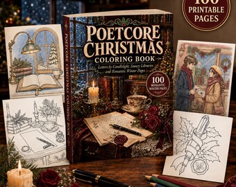 Poetcore Christmas Coloring Book, 100 Literary Christmas Coloring Pages, Printable Adult PDF, Book Lover Instant Download
