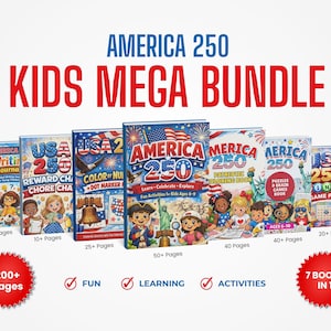 May include: A bundle of seven children's books with the title "AMERICA 250 KIDS MEGA BUNDLE". The books feature patriotic themes, including coloring books, games, and activity books. The covers display illustrations of children and American landmarks.