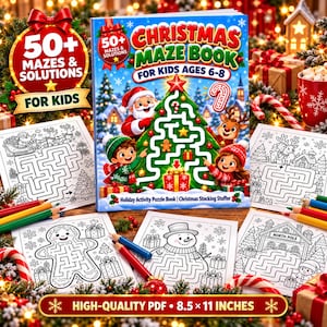 Può includere: Un libro di labirinti natalizi per bambini dai 6 agli 8 anni con oltre 50 labirinti e soluzioni. La copertina mostra Babbo Natale, un bambino e una renna con un labirinto a forma di albero. Include pagine di attività in bianco e nero e matite.