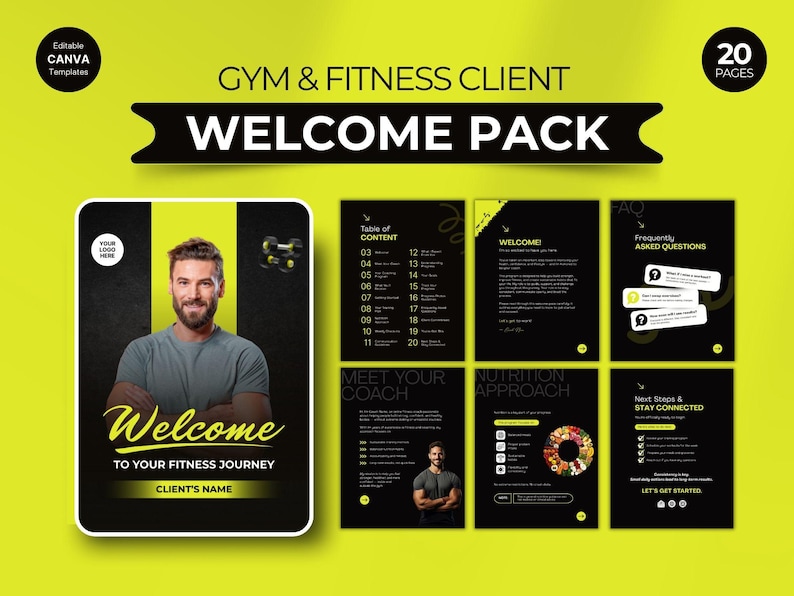 Może przedstawiać: Pakiet powitalny dla klienta fitness z czarno-ż&oacute;łtym designem. Okładka przedstawia mężczyznę i tekst "Welcome to your fitness journey". Wewnątrz znajdują się strony z treścią, FAQ i informacjami o odżywianiu. Pakiet ma 20 stron.