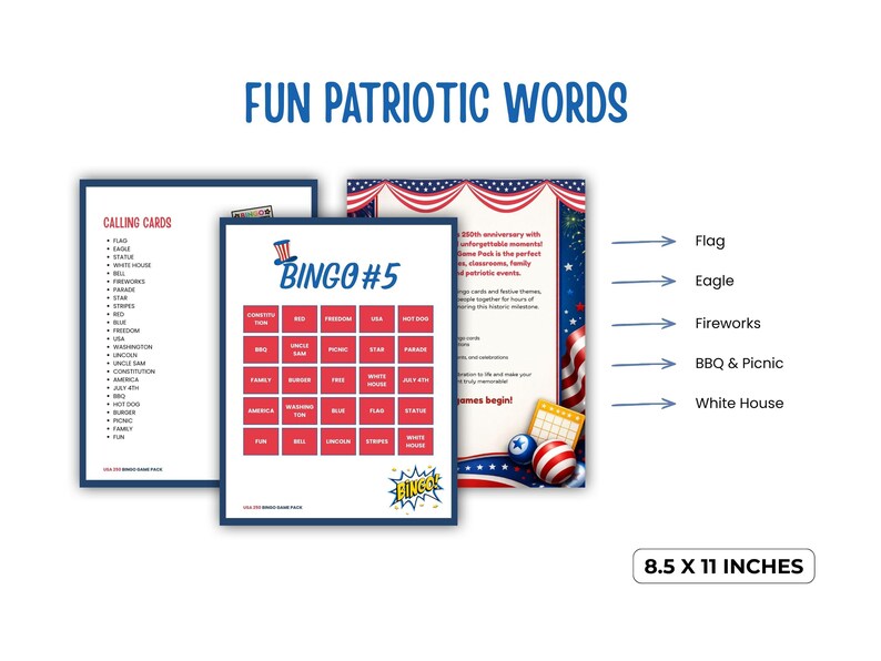 USA 250 Bingo Game Pack, Printable 4th of July Bingo, Patriotic Party ...