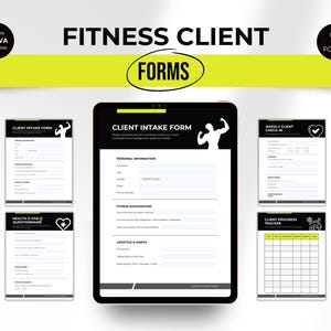 May include: A digital fitness client form template with the text "Fitness Client Forms" and "Client Intake Form". The image includes a tablet and several forms, along with two pencils. The forms are black and white with a lime green accent.