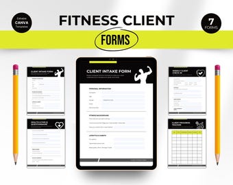 Pakiet formularzy dla klientów fitness | Do druku w formacie PDF + edytowalny Canva | Formularze przyjęcia, oceny i postępów