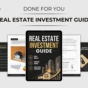 Op de afbeelding: Een digitale vastgoedbeleggingsgids met de tekst "Real Estate Investment Guide" op een tabletscherm. De gids bevat de zinnen "Bouw vermogen", "Genereer inkomen" en "Investeer met vertrouwen". De afbeelding toont ook pagina's met grafieken en een huis.