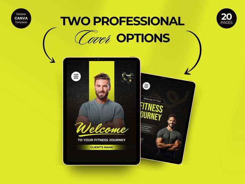 Może przedstawiać: Dwie profesjonalne opcje okładek są wyświetlane na tabletach na jasnym ż&oacute;łtym tle. Tekst zawiera "Welcome to Your Fitness Journey" i "Client's Name". Obraz przedstawia mężczyznę ze skrzyżowanymi ramionami.