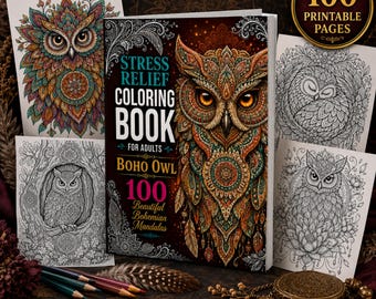 Boho Owl Mandala Coloring Book for Adults, 100 Printable Pages (PDF)