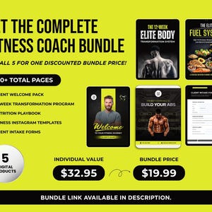 Może przedstawiać: Cyfrowy pakiet trenera fitness z pięcioma produktami, w tym 12-tygodniowym programem transformacji i podręcznikiem żywieniowym. Obraz zawiera tekst "Get the Complete Fitness Coach Bundle". Pakiet zawiera formularze przyjęć i szablony Instagram.