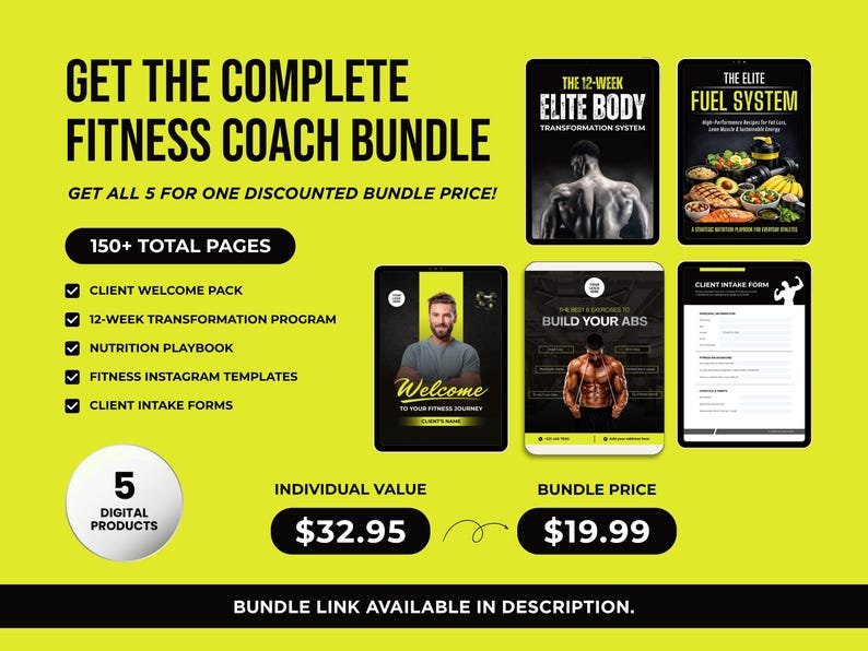 Może przedstawiać: Cyfrowy pakiet trenera fitness z pięcioma produktami, w tym 12-tygodniowym programem transformacji i podręcznikiem żywieniowym. Obraz zawiera tekst "Get the Complete Fitness Coach Bundle". Pakiet zawiera formularze przyjęć i szablony Instagram.