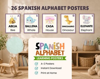 Spanish Alphabet Learning Posters, Bilingual Kids Wall Art, Homeschool Spanish Posters, Montessori Printable Decor, Preschool ABC