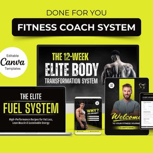 Può includere: Grafica di un sistema di coaching fitness con il testo "DONE FOR YOU FITNESS COACH SYSTEM". L'immagine include un laptop, un tablet e un telefono che mostrano contenuti relativi al fitness. Il testo "THE ELITE FUEL SYSTEM" e "THE 12-WEEK ELITE BODY TRANSFORMATION SYSTEM" sono visibili.