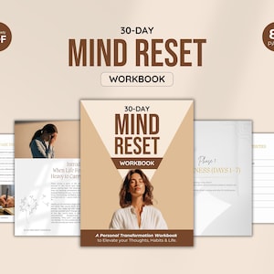 May include: A 30-Day Mind Reset Workbook with 82 pages. The cover features a woman with her eyes closed. The workbook includes the text "A Personal Transformation Workbook to Elevate your Thoughts, Habits & Life."