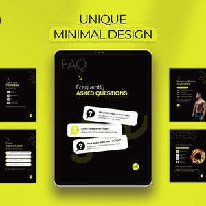 Może przedstawiać: Cyfrowy szablon projektu o unikalnym, minimalistycznym designie. Obraz przedstawia tablet wyświetlający "FAQ" i "Często zadawane pytania". Dodatkowe strony obejmują "Śledź swoje postępy", "Zaangażowanie klienta", "Wytyczne dotyczące zdjęć postęp&oacute;w" i "Podejście do odżywiania".