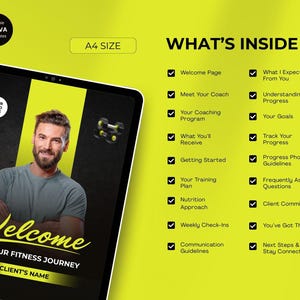 Może przedstawiać: Cyfrowy szablon fitness na tablecie. Ekran wyświetla mężczyznę z brodą, słowa "Witamy w Twojej podr&oacute;ży fitness" i listę temat&oacute;w. Tło jest czarno-ż&oacute;łte z grafiką hantli.