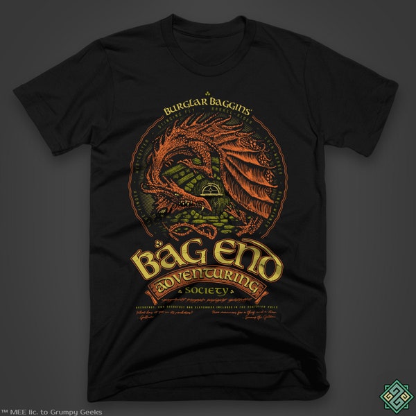 Bag End™ Adventuring Society - J.R.R. Tolkiens Herr der Ringe inspiriertes T-Shirt, mit Siebdruck von Hand gedruckt