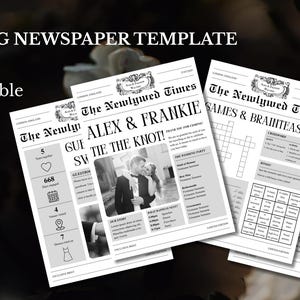 Peut inclure: Un modèle de journal de mariage avec le texte "WEDDING NEWSPAPER TEMPLATE". Le journal est entièrement modifiable avec un compte Canva gratuit. Le journal comprend le texte "The Newlywed Times".
