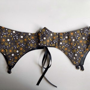 36-38” Waist Vegan Leather Witchy Corset Belt, Back Lacing Reversible Underbust Corset Belt with Eyelets and Ribbon, Celestial Moon & Stars