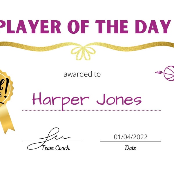 Netball - Player of the Day/Match Certificate.  Instant download plus editable version.