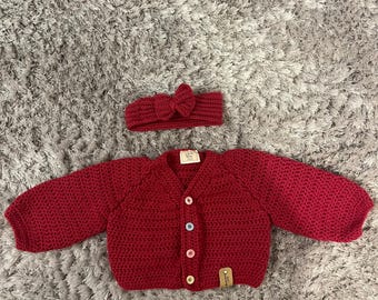 Dark pink baby crochet cardigan with matching headband 3-6 months