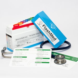 May include: A blue box with the text "FlashMed Internal Medicine Flashcards" and a lightbulb icon. A white box with the text "Medicine Made Easy The Perfect Study Tool" and the numbers "124 Conditions" and "9 Subjects". A stethoscope with a grey earpiece and a silver chest piece. A green card with the text "Crohn's Disease" and a diagram of the intestines. A green card with the text "Etiology/Risk Factors, Clinical Features, Diagnosis, Management, Differentials".