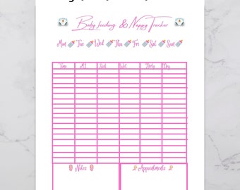 Baby girls bottle and nappy diaper tracker weekly US letter, a5 and half letter included