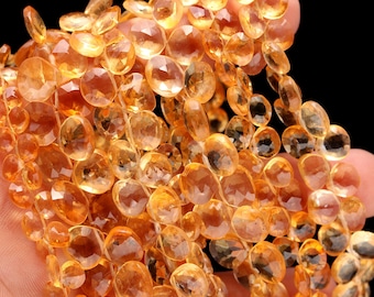 AAA Quality Citrine Faceted Heart Beads, 7-8 mm Citrine Heart Shape, Citrine Side Drill, Citrine Briolette, Natural Citrine Faceted Beads