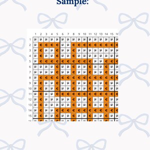 May include: A black and white grid with orange squares. The grid is labeled with numbers 1 through 16 on the top and side. The grid is a sample of a cross-stitch pattern.