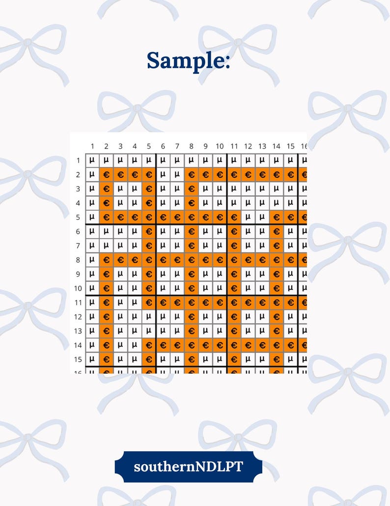 May include: A black and white grid with orange squares. The grid is labeled with numbers 1 through 16 on the top and side. The grid is a sample of a cross-stitch pattern.