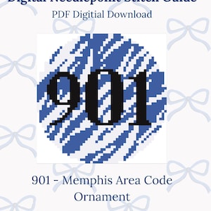 May include: A digital needlepoint stitch guide for a blue and white ornament with the area code 901 for Memphis, Tennessee. The guide is a PDF digital download from southernNDLPT.