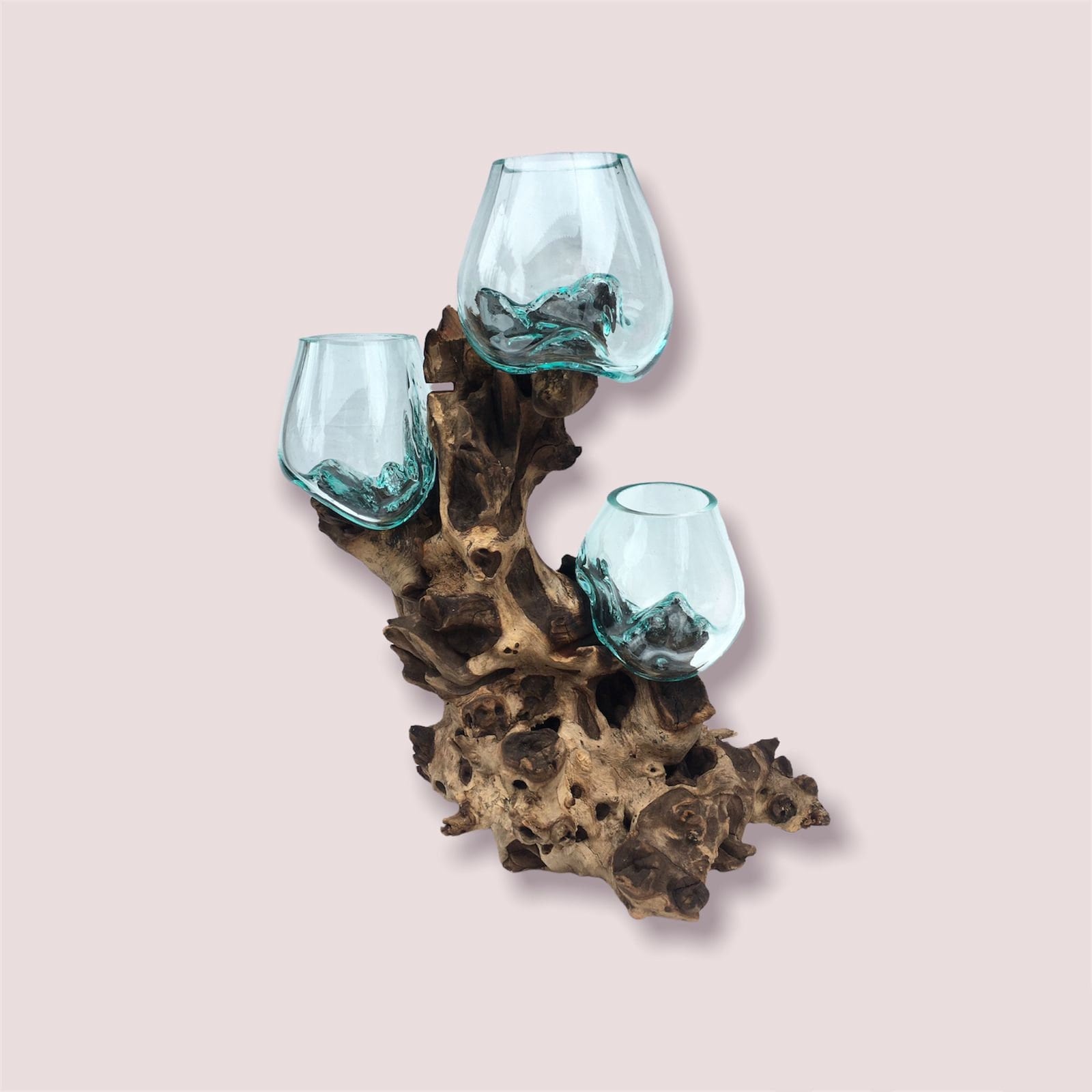 Glass Bowl Molded to Wood Piece / Unique DIY Candle / Flower Vase