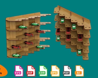 Puede incluir: Estanterías de madera con diseño escalonado, que sostienen coches de juguete en miniatura rojos y verdes. Las estanterías son de madera clara y están sobre un fondo turquesa. La imagen incluye el texto "This is a digital item".