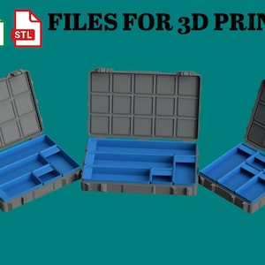 Peut inclure: Trois boîtes de rangement grises avec des intérieurs bleus sont présentées sur un fond turquoise. Les boîtes sont ouvertes, révélant des compartiments. Le texte en haut indique "FILES FOR 3D PRINT". Un ovale orange indique "This is a digital item".
