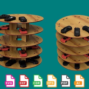 Car Display Rotating Tower, 1:64 Car Scale Display, CNC File, Laser Cut Design, Model Car Rack - svg+dxf+cdr+eps+pdf+ai