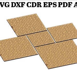May include: Five brown jigsaw puzzle pieces arranged in a cross shape. Each piece has a complex, intricate pattern.