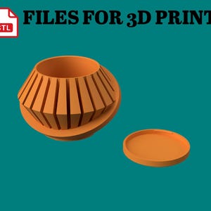 May include: 3D printable files for a planter with a unique design. The planter is orange and has a ribbed texture. The planter comes with a separate lid.