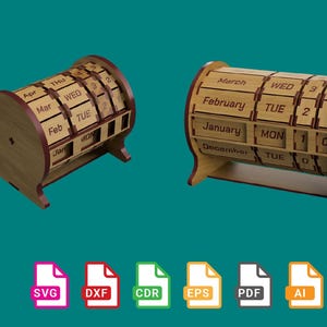 Puede incluir: Dos calendarios perpetuos de madera con pantallas de fecha giratorias. Los calendarios son de madera marrón claro con detalles en marrón oscuro. El texto "This is a digital item" está en un óvalo naranja. Iconos de tipo de archivo debajo.