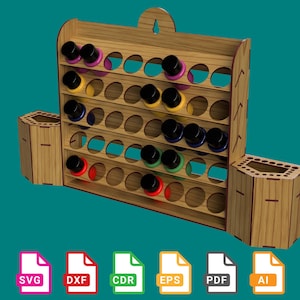 Range-bouteilles de peinture 35 mm pour 40 bouteilles, porte-pinceau 14 x 10 mm, porte-pinceau 30 x 6,5 mm - fichiers découpés au laser - svg+dxf+cdr+eps+pdf+ai
