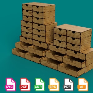 Può includere: Un set di 2 organizzatori di cassetti in legno con un totale di 20 cassetti. Gli organizzatori sono impilati uno sopra l'altro e sono realizzati in legno marrone chiaro. I cassetti sono tutti aperti e mostrano l'interno dei cassetti. Gli organizzatori sono su uno sfondo turchese.