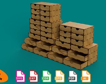 May include: A set of 2 wooden drawer organizers with a total of 20 drawers. The organizers are stacked on top of each other and are made of light brown wood. The drawers are all open and show the inside of the drawers. The organizers are on a teal background.