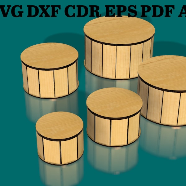 Round Gift Boxes files for CNC, set of 5 gift boxes file - svg+dxf+cdr+eps+pdf+ai