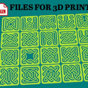 May include: A set of 16 digital files for 3D printing, featuring intricate Celtic knot designs in a green and yellow color scheme. The files are in STL format.