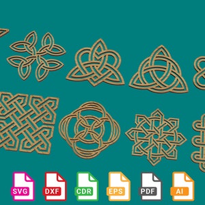 May include: A set of 10 Celtic knot designs in SVG, DXF, CDR, EPS, PDF, and AI file formats. The designs are intricate and detailed, and would be perfect for use in crafting, scrapbooking, or other creative projects.