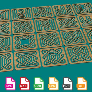 May include: A set of 16 wooden coasters with intricate Celtic knot designs. The coasters are arranged in a grid pattern and are made of light brown wood.
