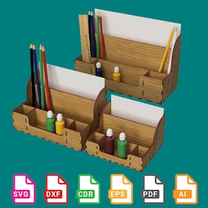 May include: Three wooden desk organizers in different sizes. The largest organizer has a pencil holder, a ruler, and a small paint bottle. The medium organizer has a pencil holder, a paint bottle, and a small paper holder. The smallest organizer has a paint bottle and a small paper holder. All organizers are made of wood with a natural finish.